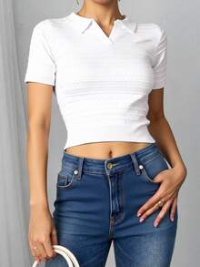 Blusa mujer cuello polo manga corta casual tejido punto crop top moderna colores neutros diseño calado moderno tejido elastico casual elegante otoño invierno comodo diario - Blanco - Ver 3