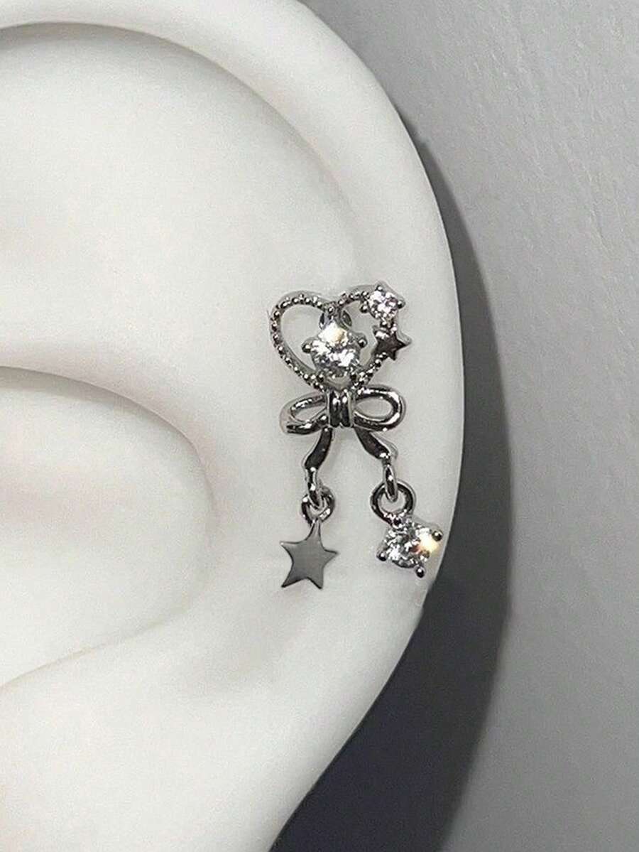 1pc Love Tassel Titanium Steel Ear Studs, Sparkling Diamond Spiral Ear Studs, Anti Allergy, Sweet And Cool, Niche Design Earrings,Ladies' Daily Party Accessories, Fashionable Jewelry, Best Friend Gifts - Silver - View 1