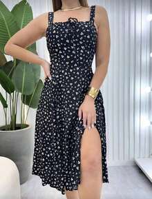 Women's Floral Midi Dress With Light Front Bow - màu đen - Xem 1