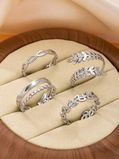 4 peças Conjunto de Anéis de Aço Inoxidável de Moda, Anel Aberto Simples Ajustável, Anéis Geométricos de Padrão Oco, Acessórios de Casamento para Homens