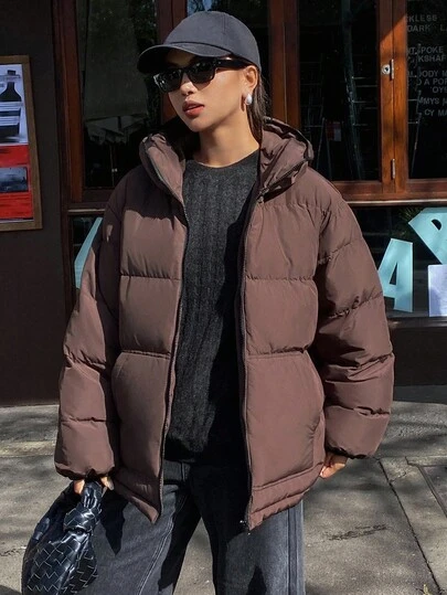 Livesso 女式宽松连帽夹棉夹克，纯色，厚保暖衬里，秋冬