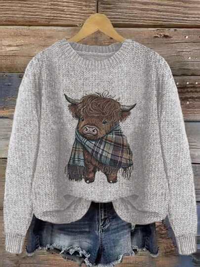 Farbblock Katzendruck Locker Lässig Strick Pullover