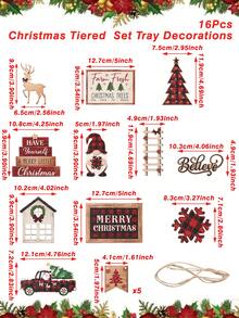 16 pezzi Set di vassoi a più livelli per decorazioni natalizie, set di decorazioni in legno appese con motivi di camion, renne, fiocchi di neve, alberi di Natale, decorazioni natalizie rustiche, centrotavola, decorazioni natalizie allegre, decorazioni natalizie per la casa - Multicolore - Visualizzare 5
