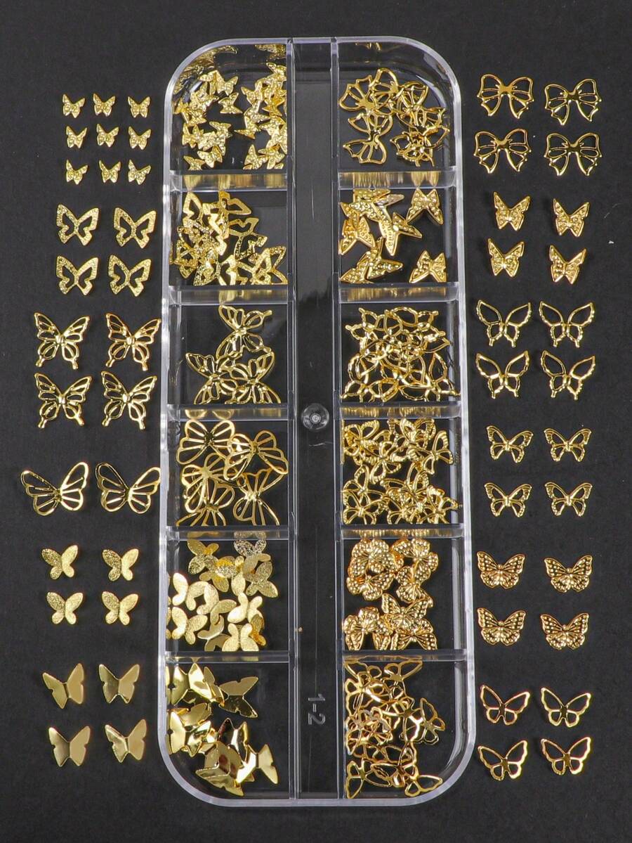 12入混色金色金屬色系蝴蝶結圖案美甲貼紙，百搭精緻DIY美甲裝飾，適合女性美甲飾品 - 金色 - 查看 1