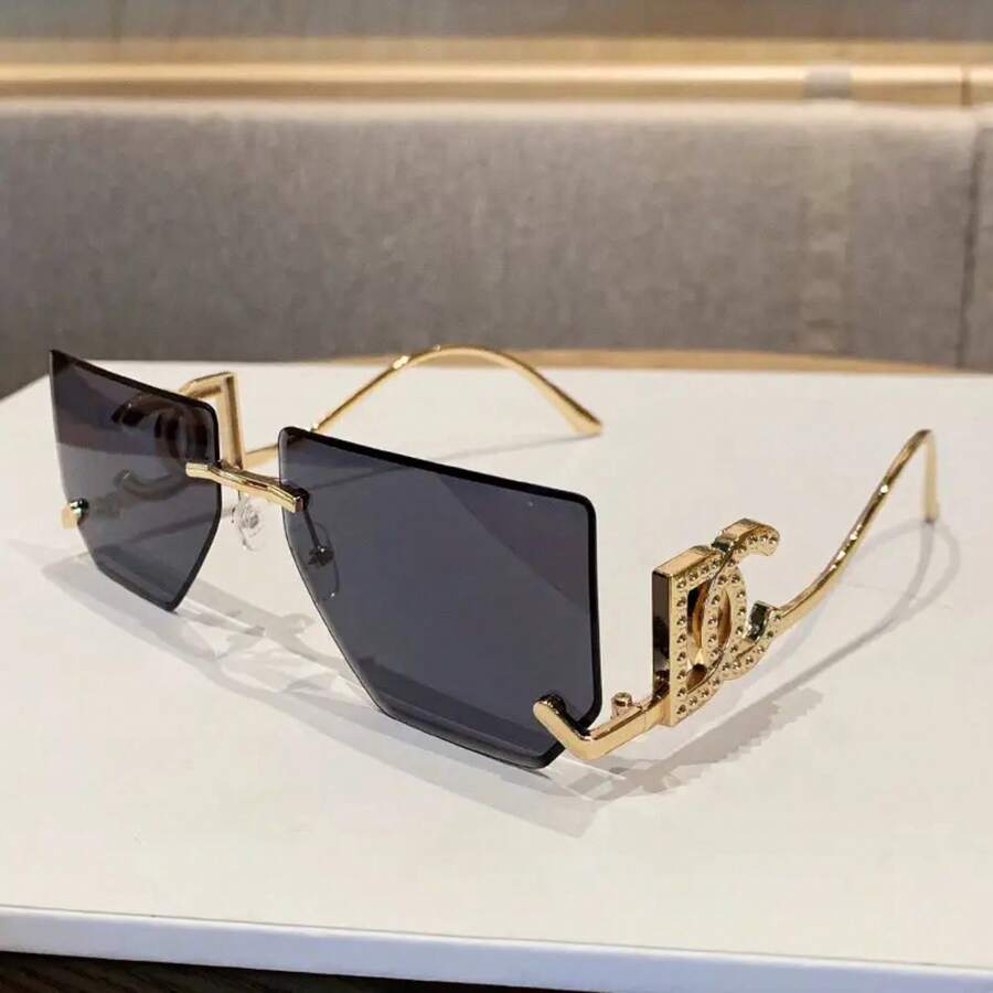 Women's Luxury Designer Glasses - Frameless Square Style, Dark Lenses, Gold - Non-Prescription For Daily And Formal Wear, Suitable For Parties, Office, Photography - Modern Minimalist Fashion Accessories, Summer , Retro Aesthetics, Exquisite Details, Fashion Frame, Must-Have For Enthusiasts - màu đen - Xem 1