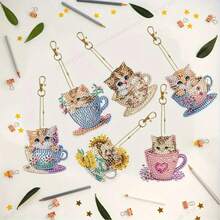 6pcs DIY Diamond Painting Keychains, 5D Diamond Art Keychains, Spring Cup Cat Diamond Keychains, Handmade Mosaic Painting Keychains, DIY Kit (Suitable For Beginners) - Multicolor - View 2