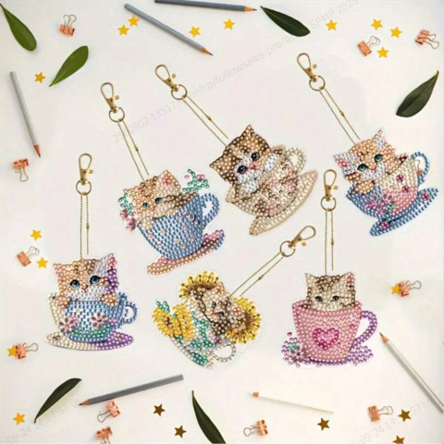 6pcs DIY Diamond Painting Keychains, 5D Diamond Art Keychains, Spring Cup Cat Diamond Keychains, Handmade Mosaic Painting Keychains, DIY Kit (Suitable For Beginners)