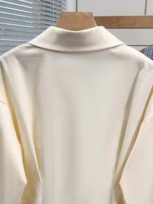 Women's Pleated Waist Shirt, Solid Color Button-Down Blouse With Notch Lapel And Front Buttons, Slim Fit Office & Lounge Top For Fall Winter Spring