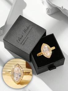 奢华方晶锆石镶嵌眼形金戒指，适合女性结婚佩戴和情人节礼物 - 金色#2 - 查看 16