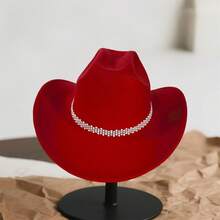 Cowgirl Hat for Women Classic Western Rolled Wide Brim Fedora Hat with Rhinestones White Bead Decorative Belt - Rojo - Ver 4