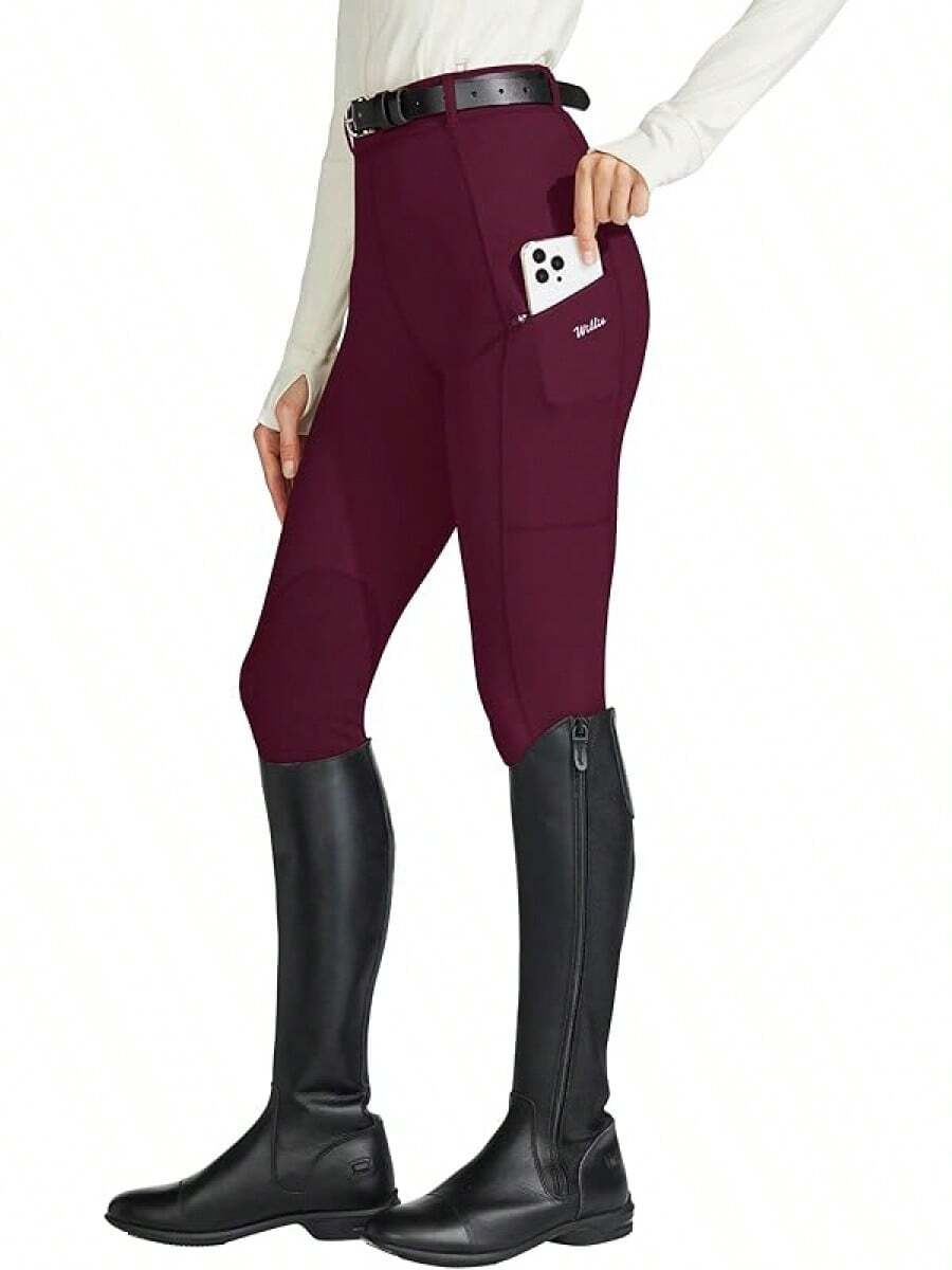 Willit Women's Horse Riding Pants Knee-Patch Equestrian Breeches Horseback Schooling Tights Zipper Pockets - 酒紅色 - 查看 1