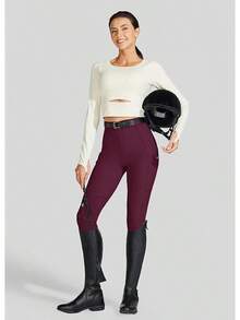 Willit Women's Horse Riding Pants Knee-Patch Equestrian Breeches Horseback Schooling Tights Zipper Pockets - 酒紅色 - 查看 6