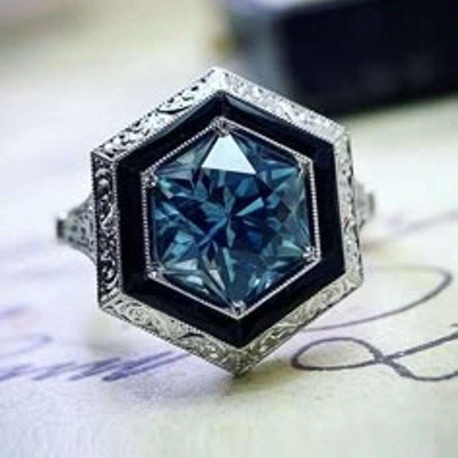 Retro Elegant Blue CZ Inlay Personalized Ring, Geometric Design, Luxurious Jewelry, Perfect For Daily And Party Wear, Daily Gift - 彩色 - 查看 1