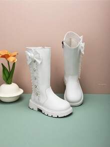 زوج من بوت الأميرات للبنات مزينة بالخرز والدانتيل والفيونكة، ذات نعل سميك وسحاب جانبي، طراز أميرة، مناسبة للاستخدام اليومي والمدرسة وحفلات الأميرات والموضة (لون البطانة عشوائي أسود أو أبيض)