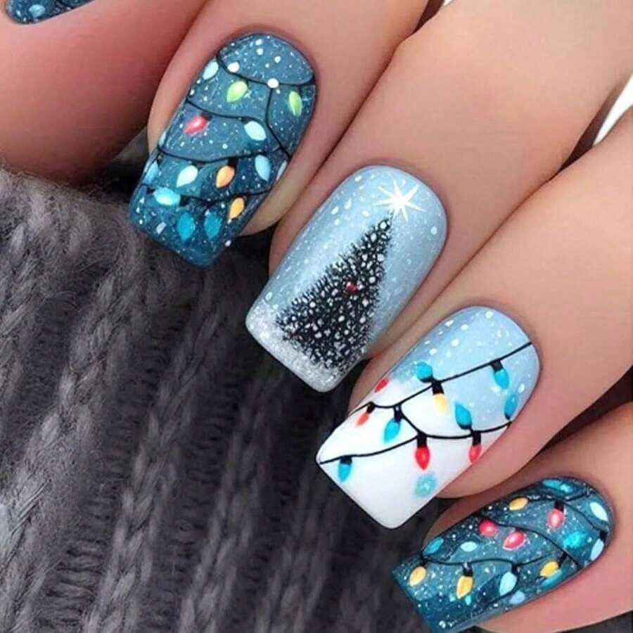 Christmas Press On Nails Blue Glossy Winter Christmas Colorful Lights Fake Nails With Designs Christmas Tree Snowflake Acrylic Nails Full Cover Medium Square Stick On Nail For Women Girls 24 Pcs - 風格 18 - 查看 1