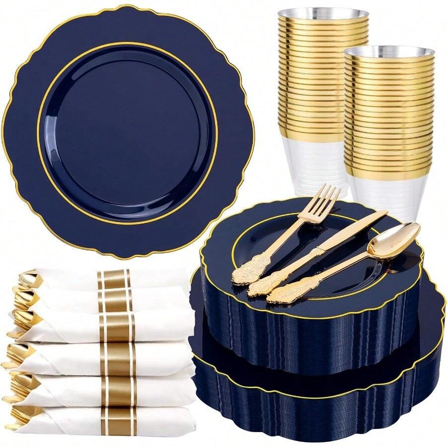 350PCS Navy Blue Plastic PlatesDisposable Blue Gold Plates 50guest Plastic Dinnerware Include 100Plates50Pack Pre Rolled Napkins With Sierware 50Cups For WeddingHalloween - 外國人 - 查看 1