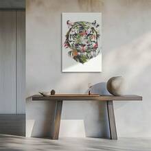 1Pc 2D Flat Printing Tropical Tiger Head, Floral Embellishments, Watercolor Illustration Style Canvas Wall Art For Living Room Wall Decor For Bedroom Bathroom Framed Wall Poster Art Prints Ready To Hang Pictures Home Decorations - 彩色 - 查看 2