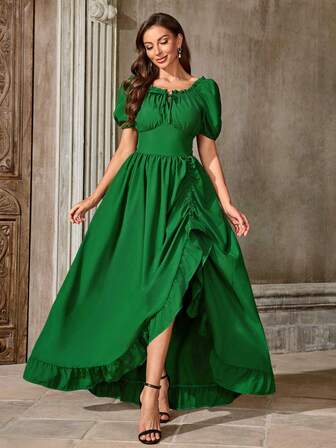 Vintage French Countryside Style Green Square Neck Puff Sleeve Maxi Dress, Asymmetrical Ruffle Hem Suitable For Halloween/Carnival Events