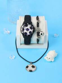 3PCS Football Soccer Fan Quartz Watch Set For Boys - Sporty Style 2025 Soccer Watches With Adjustable Silicone Straps, Football Braided Rope Bracelet + Necklace, Birthday Christmas Holiday Gift For Kids Age 3-14 (Black) - Black - View 4