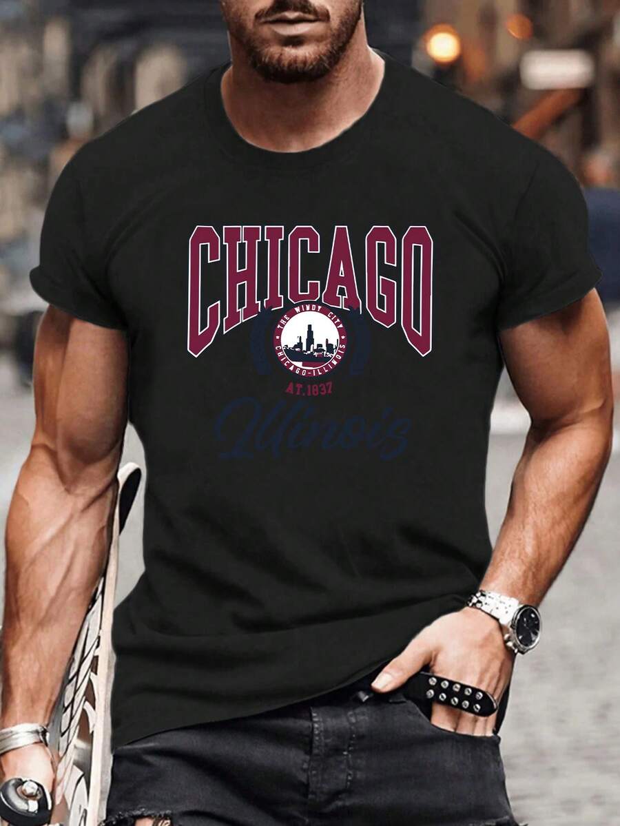 Men's Casual Fashion Style Short-Sleeved T-Shirt With Paris Lettering Print, Casual Everyday Style Fashion Clothing - 黑色 - 查看 1