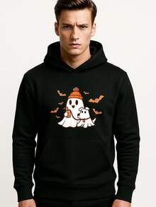 Sudadera con capucha negra unisex estampada de fantasma y perrito estilo Halloween divertido - Negro - Ver 1