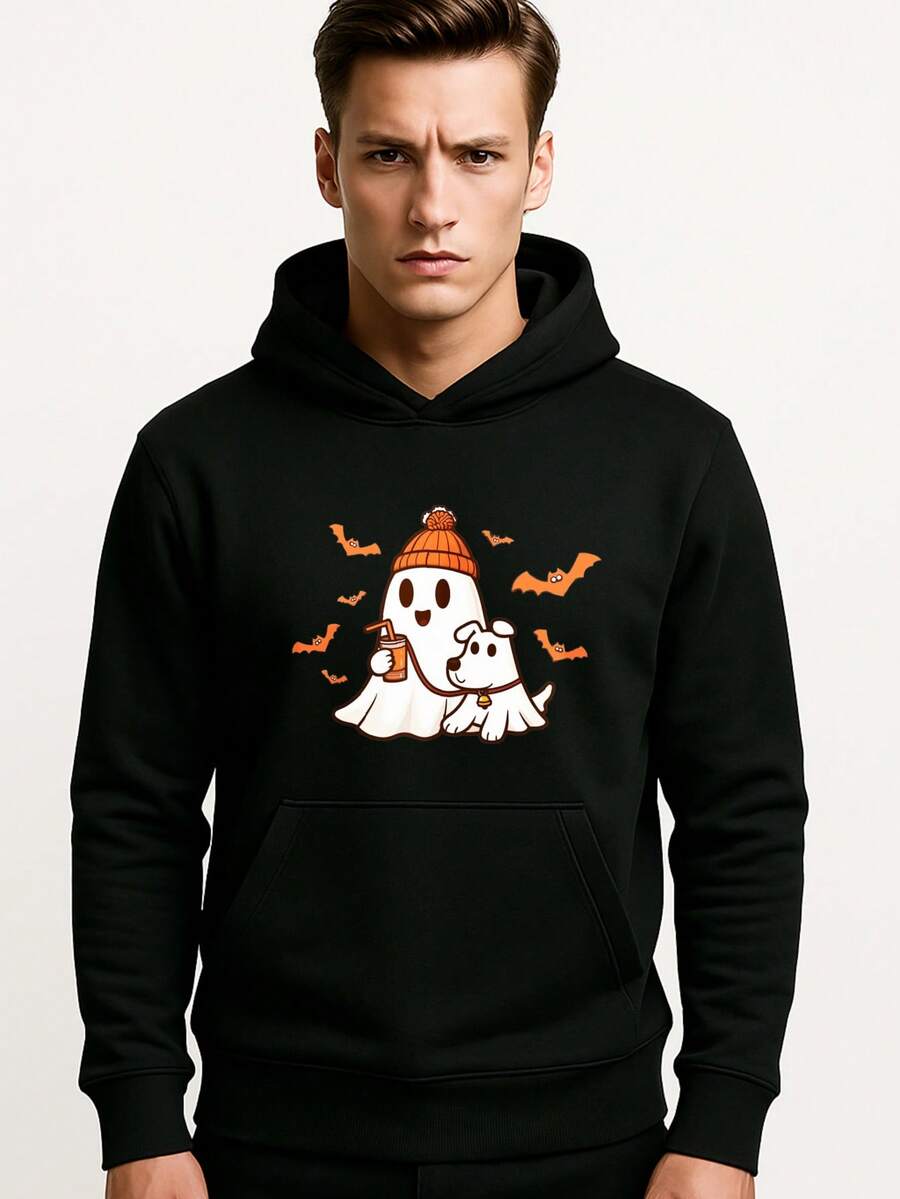 Sudadera con capucha negra unisex estampada de fantasma y perrito estilo Halloween divertido - Negro - Ver 1