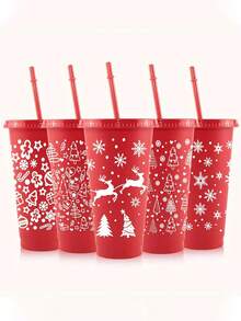 5-1 Pc 24 Oz Christmas Themed Straw Cup, Christmas Themed Water Bottle, Large Capacity Plastic Water Cup, Durable, Reusable With Straw And Lid, Festive Design, Suitable For Hot And Cold Drinks, Outdoor Activities, Parties And Holiday Decorations, Christmas Gifts, Suitable For Milk Tea, Coffee, Purified Water, Outdoor, Indoor, Christmas, New Year,Christmas Gifts, Cups