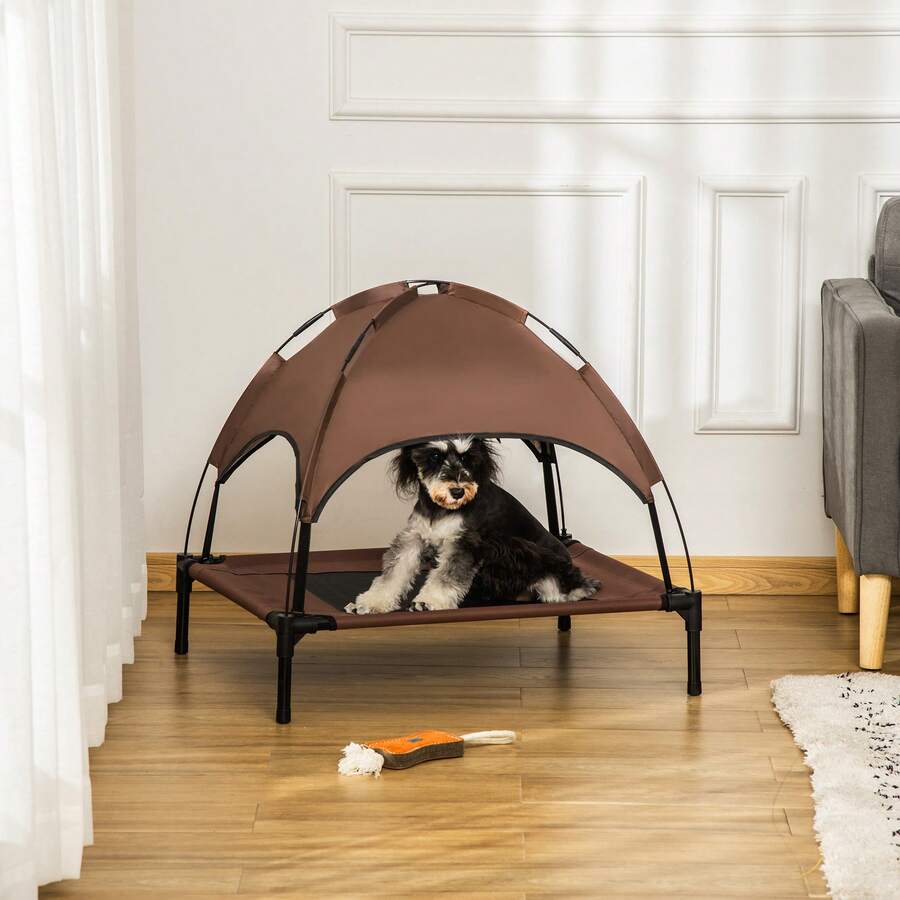 PawHut Elevated Dog Bed With Canopy, Portable Raised Dog Cot For M Sized Dogs, Indoor & Outdoor, 30" X 24" X 29", Coffee - Coffee Brown - View 1