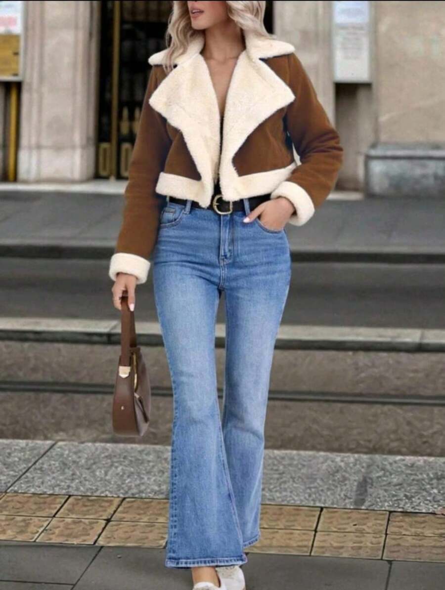 Chamarra moderna con forro calientito tipo motociclista afelpada - Café integral - Ver 1