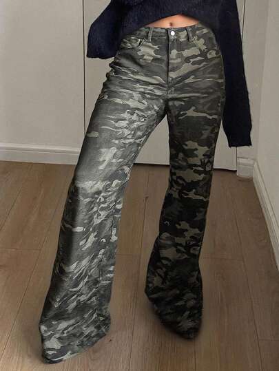 Livesso 女式休闲迷彩印花阔腿牛仔裤