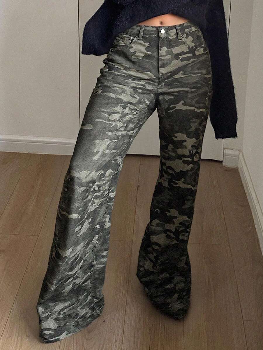 Livesso Women's Casual Camouflage Print Wide Leg Jeans - Blue - View 1