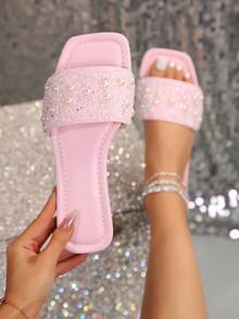 Sandalias de mujer talla grande con perlas blancas, nuevas sandalias planas con cristales y puntera cuadrada para primavera/verano, diapositivas con un solo tirón con cristales de moda, chanclas de playa de verano, chanclas de plástico antideslizantes para interiores/exteriores