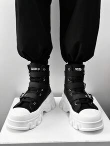SLnU3 SLNU★3 Men's Fashion Casual Thick-Soled Height-Increasing Boots Creative Buckle Punk Style Suitable For Outdoor Street Style All-Match Style In All Seasons - Đen và trắng - Xem 4