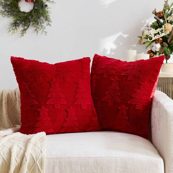 1pc/2pcs Red Christmas Tree Embossed Decorative Pillow Cover (Pillow Insert Not Included), Velvet Fabric On Reverse Side, Square Cushion Cover, Holiday Home Decor Pillow, Soft & Comfortable Velvet Material, Modern Decor For Sofa, Bedroom, Dorm