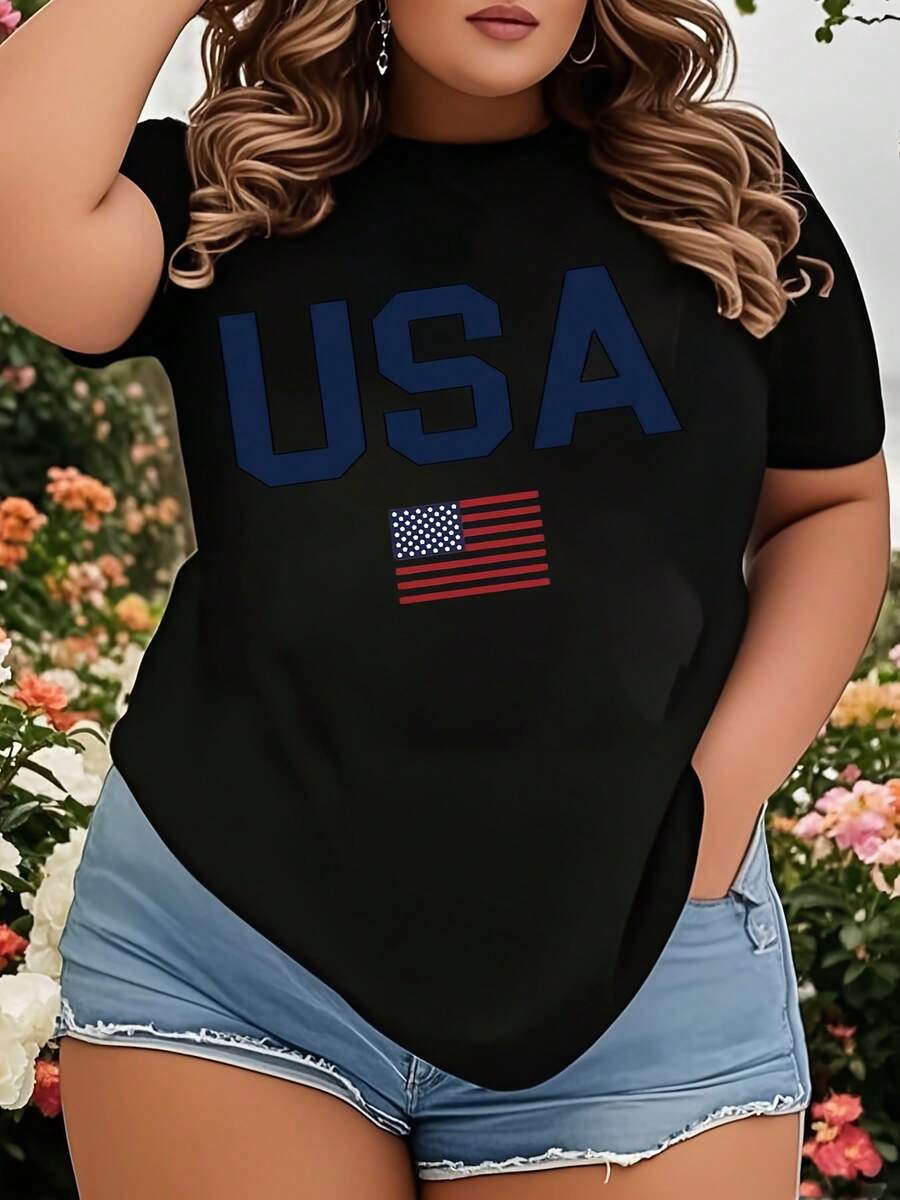 USA Flag T-Shirt Women's Plus Size Patriotic American Flag Graphic Tee For Independence Day 4th Of July Celebration Casual Summer Outfit - 黑色 - 查看 1