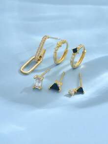 1 Set Of 6pcs Black Zirconia Earrings, Studs & Clips, Fashionable & Elegant Jewelry Set For Women, Suitable For Party, Holiday, Date Or Wedding