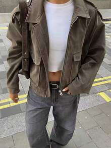 Chaqueta de ante gris para mujer, de corte oversize, de uso casual, con bolsillos con cremallera, para otoño e invierno