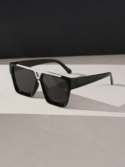 1 pieza Gafas de moda con montura de aviador de doble haz de acrílico vintage para hombres, lentes tintadas negras Y2K para vestimenta diaria, decoración y actividades al aire libre