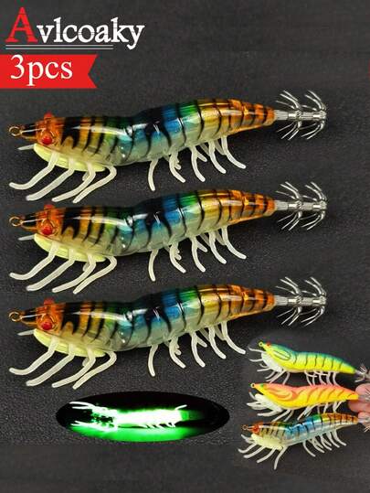 3 piezas Señuelos de pesca de camarón Avlcoaky Luminoso Jig de calamar Anzuelo Señuelo artificial de camarón y gamba