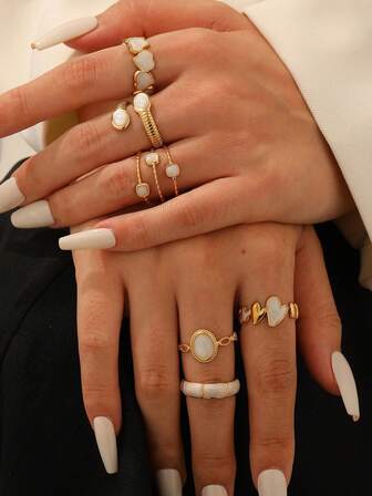 6pcs Set Fashionable Delicate Minimalist Elegant High-End Plated Stainless Steel Heart & Oval Geometric Open Rings, Adjustable Fit For Women Daily, Party, Date Wear