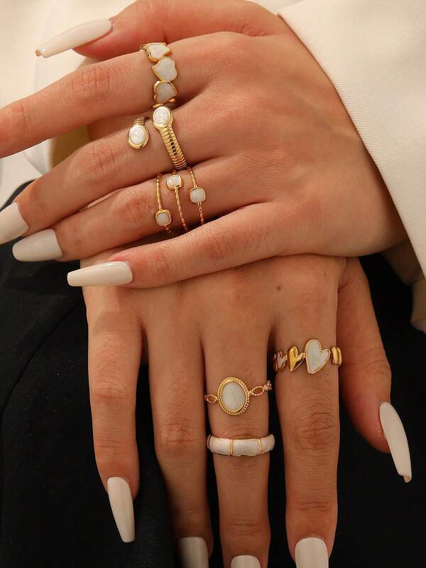 6pcs Set Fashionable Delicate Minimalist Elegant High-End Plated Stainless Steel Heart & Oval Geometric Open Rings, Adjustable Fit For Women Daily, Party, Date Wear