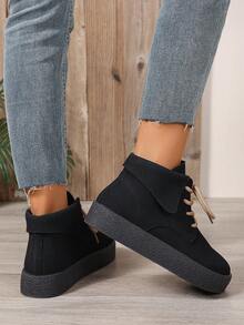 Stivaletti alla caviglia da donna con lacci e suola spessa, stivali casual da lavoro con colletto arrotondato, adatti per l'autunno/inverno per uso quotidiano e stivali da neve per esterni