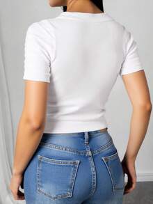 Blusa mujer cuello polo manga corta casual tejido punto crop top moderna colores neutros diseño calado moderno tejido elastico casual elegante otoño invierno comodo diario - Blanco - Ver 2