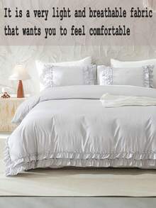 灰色荷叶边被套三件套,波西米亚农舍风格床上用品,荷叶边装饰,灰色,柔软超细纤维被套,1个被套,2个枕套,不含被芯,适合学生使用 - 灰色 - 查看 3
