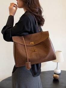 2025秋冬新款绒面革托特包，复古金属装饰，女士商务/通勤手提包，新款哑光皮革托特包，男女通用单肩包/斜挎包 - 咖啡 - 查看 8