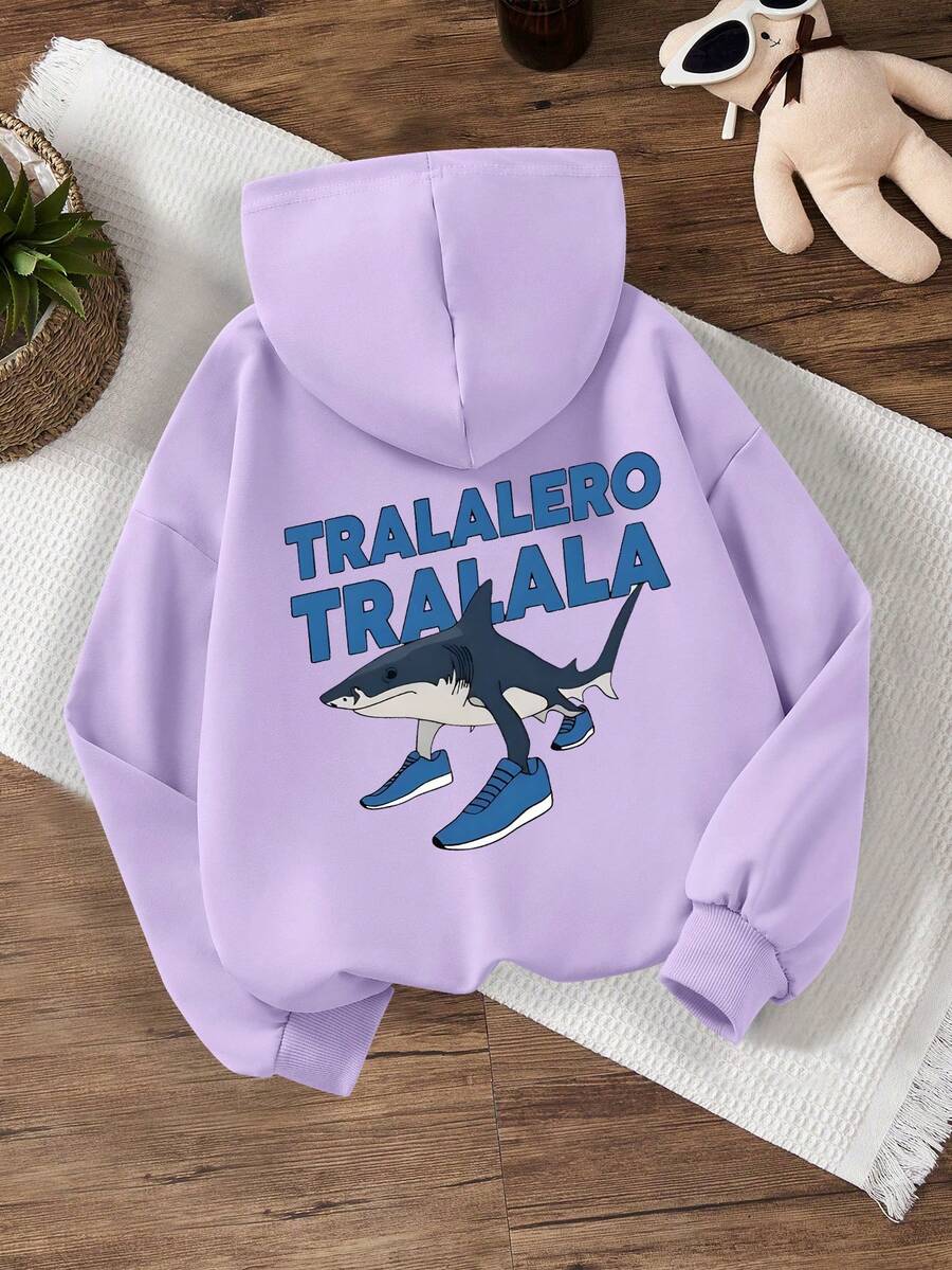 Tween Boy Casual Simple Shark Print Sweatshirt Boys Long Sleeve Sweatshirt Autumn And Winter Student Style - Mauve Purple - View 1