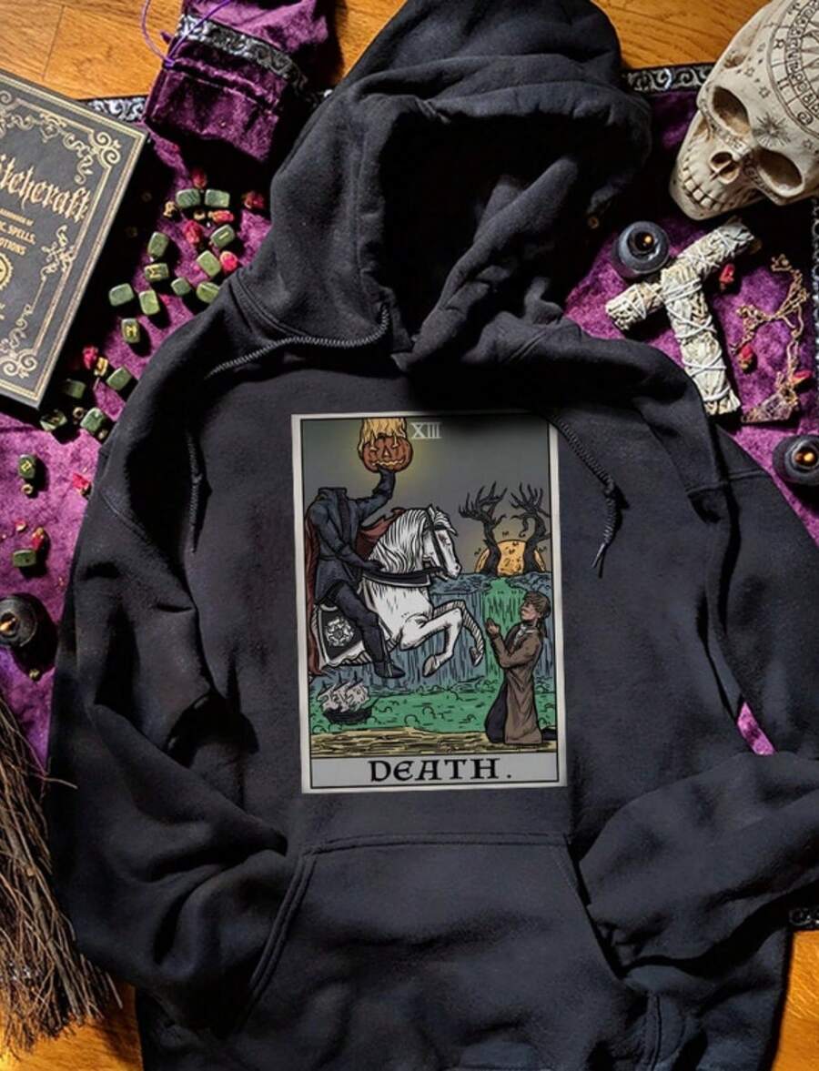 Death Tarot Card Hoodie Headless Horseman The Legend Of Sleepy Hollow Pagan Witch Halloween Gift Got - 黑色 - 查看 1