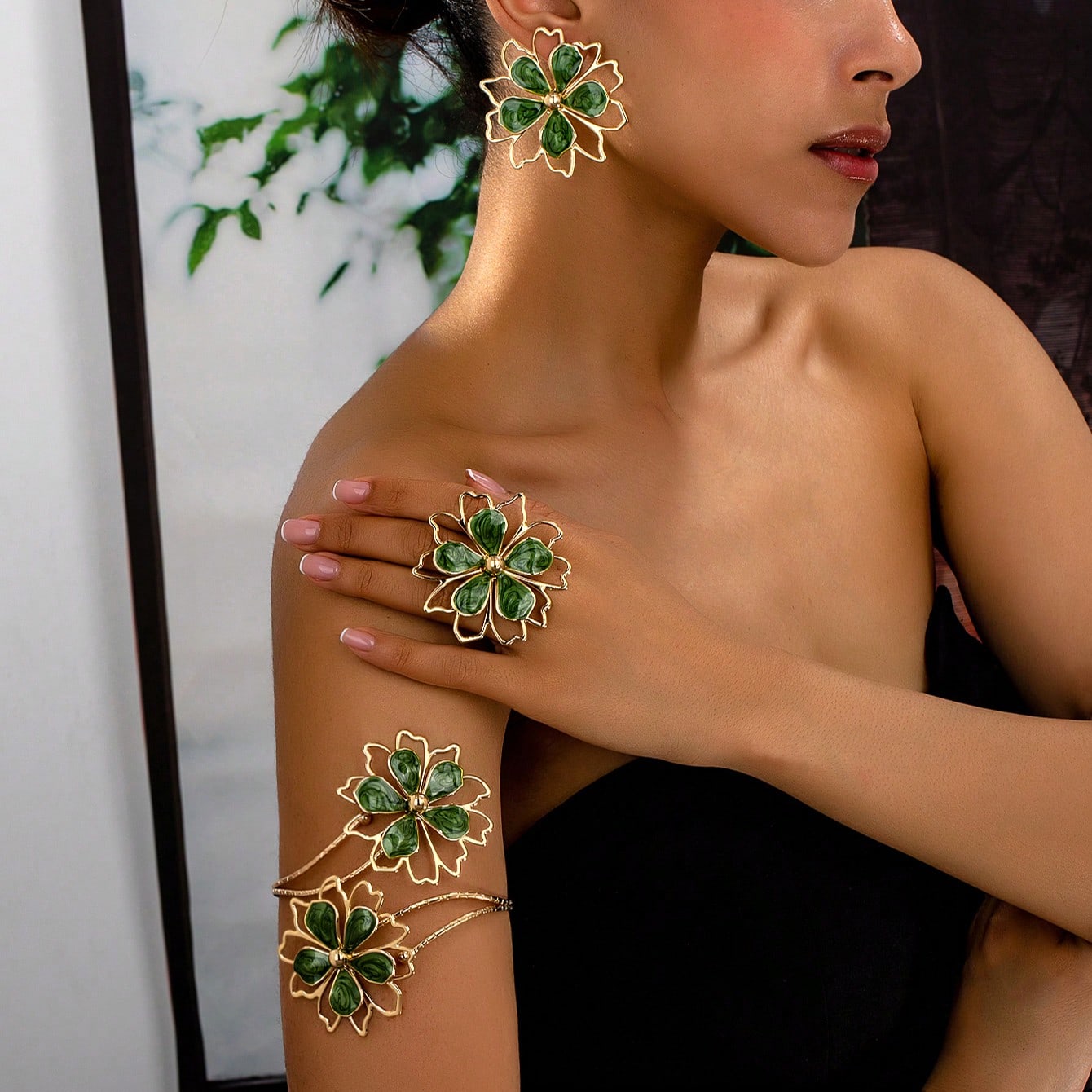 4pcs/Set Vintage Elegant Enamel Floral Bracelet, Ring, Earrings Jewelry Set, Suitable For Gifts, Parties, Banquets And Daily Wear