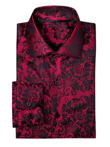 Plus Size L-4XL Mens Shirt Long Sleeve Red & Black Floral Tops Regular Fit Wedding Formal Casual Button Coats - 紅色 - 查看 3