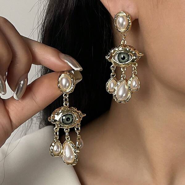 1 Pair Fashionable Niche Design Devil's Eye Tassel Teardrop Pendant Earrings For Women, Vintage High-End Versatile Delicate Ear Accessories Suitable For 10 Occasions